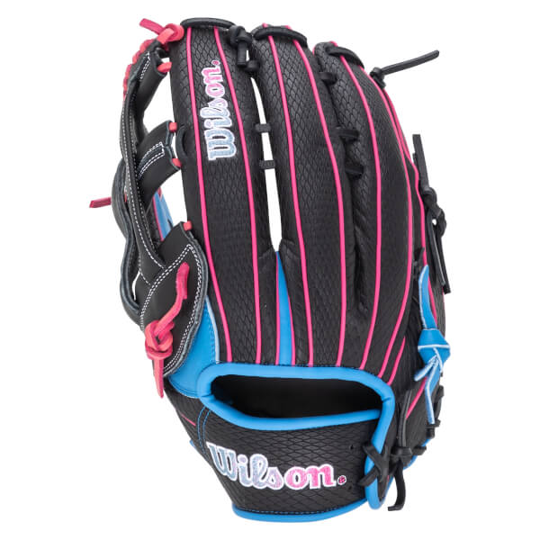Front view of a black baseball glove with pink and blue accents and "Wilson" logo.