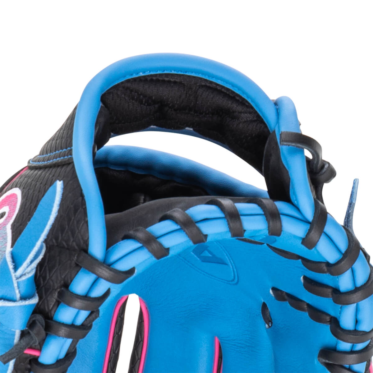 Close-up of a blue baseball glove showing black lacing and a pink accent.