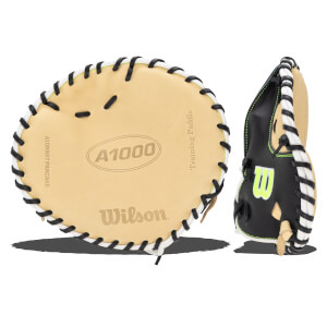 Top-down view of a tan baseball glove with black and white lacing, showing the "A1000" and "Wilson" logos.