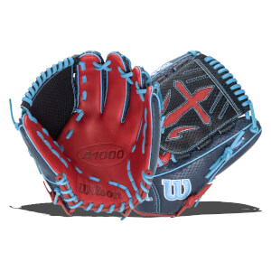 Front view of a red and navy baseball glove with light blue lacing, showing "A1000" and "Wilson" logos.