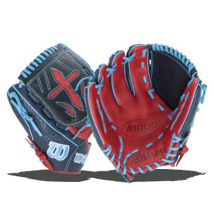 Front view of a navy baseball glove with red palm, blue lacing, and a red "X" design.