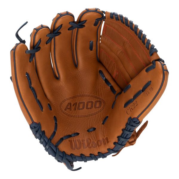 Front view of a tan baseball glove with navy lacing, A1000 and Wilson embossed on the palm.