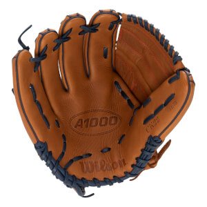 Front view of a tan baseball glove with navy lacing, A1000 and Wilson embossed on the palm.