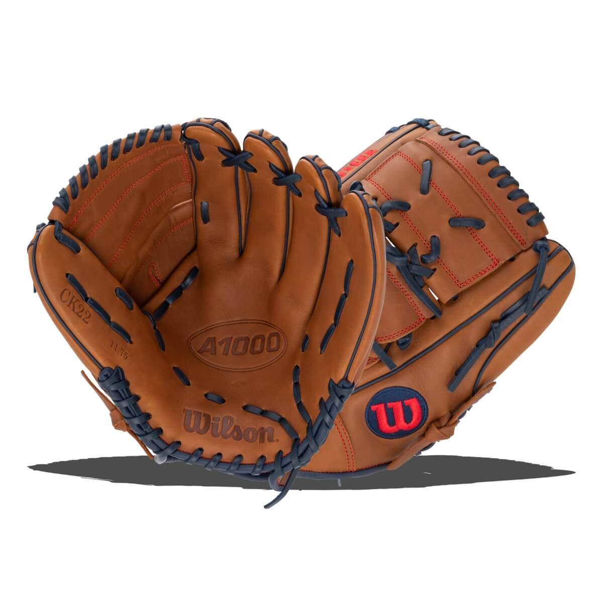 Front view of a brown baseball glove with A1000 and Wilson logos on the palm, navy blue lacing, and a red W logo.