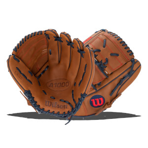 Front view of a brown baseball glove with A1000 and Wilson logos on the palm, navy blue lacing, and a red W logo.