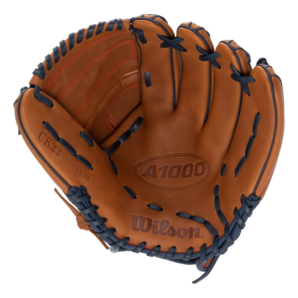 Front view of a brown baseball glove with A1000 and Wilson embossed, CK22 and 11.75 printed, and dark blue lacing.