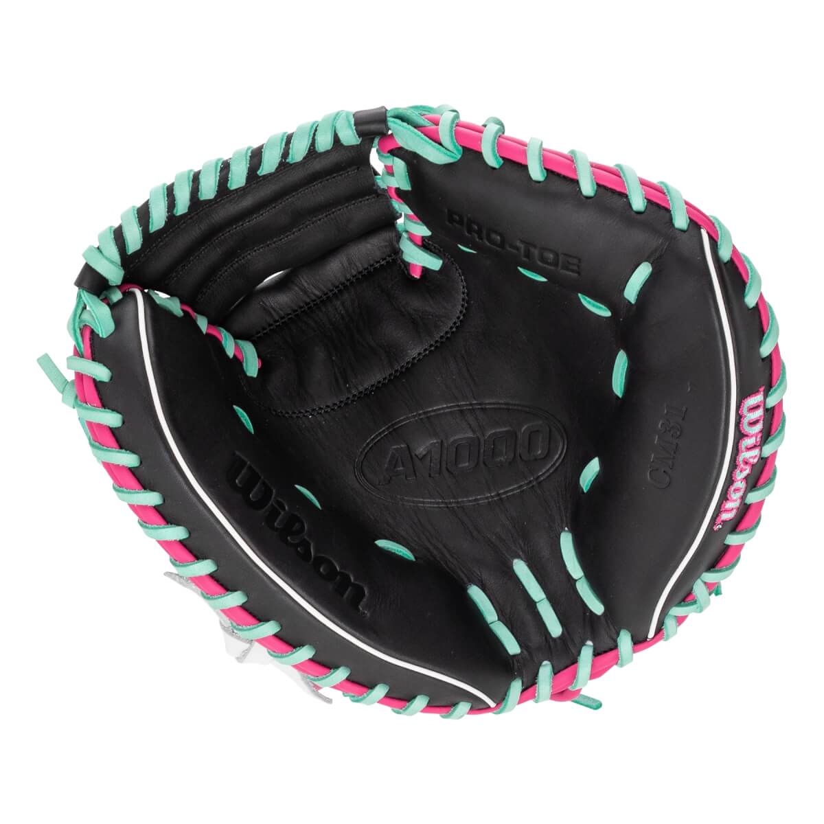 Overhead view of a black catchers mitt with pink and teal lacing, A1000 embossed, and Wilson logo.