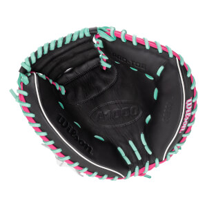 Overhead view of a black catchers mitt with pink and teal lacing, A1000 embossed, and Wilson logo.