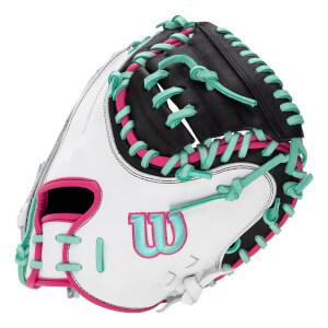 Angled front view of a white and black catchers mitt with hot pink trim, teal lacing, and a teal W logo.