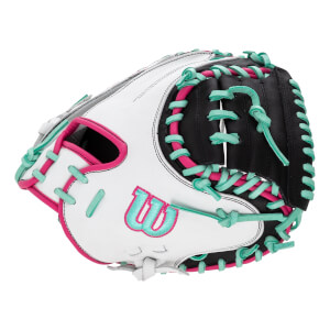 Angled front view of a white and black catchers mitt with pink trim, teal lacing, and a teal Wilson logo.