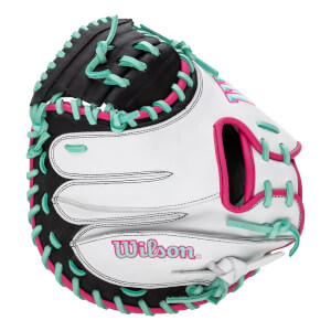 Front view of a white and black catchers mitt with pink trim, mint green laces, and a pink Wilson logo.
