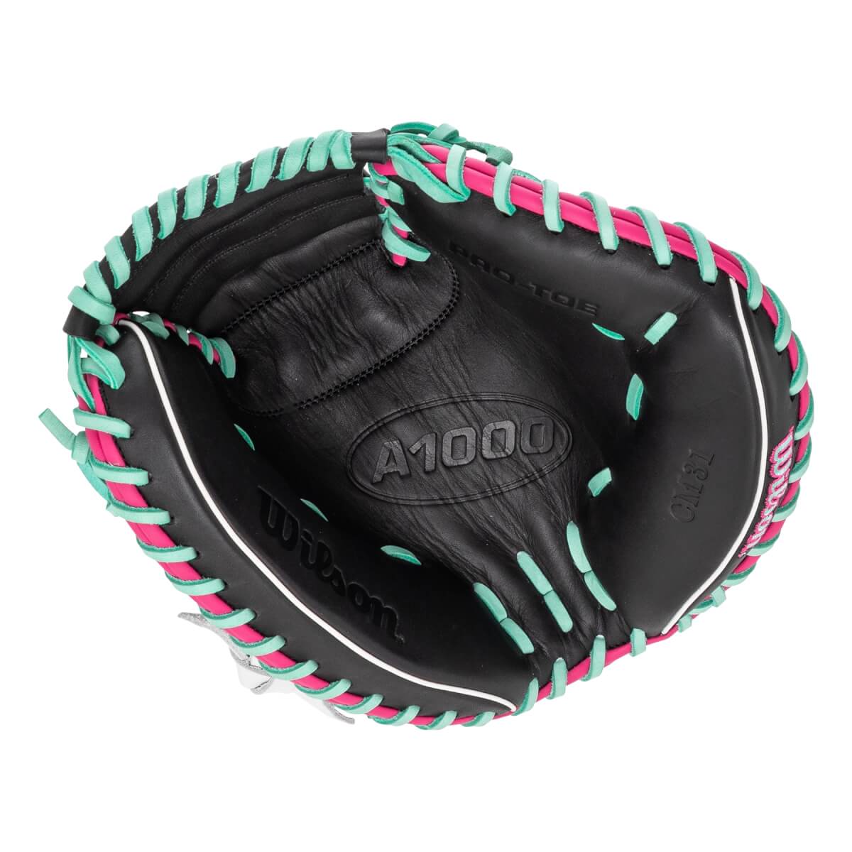 Top-down view of a black catchers mitt with hot pink and mint green lacing, white piping, and A1000 embossed on the palm.