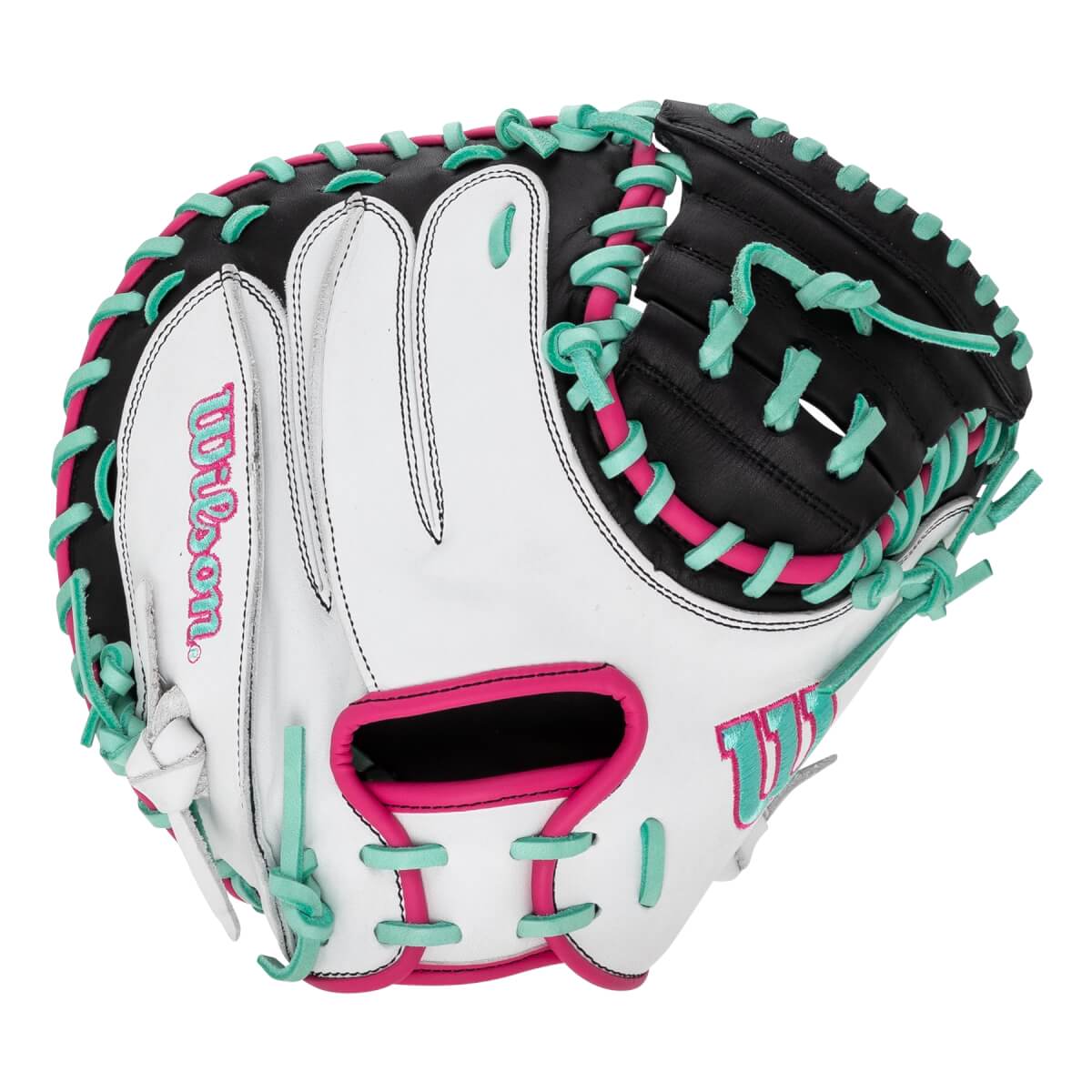 Front view of a white and black catchers mitt with vibrant pink and teal lacing, and a pink Wilson logo.