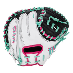 Front view of a white and black catchers mitt with vibrant pink and teal lacing, and a pink Wilson logo.