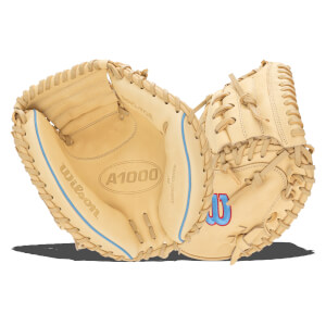 Interior view of a tan baseball glove showing the "A1000" logo, "PRO-TOE" text, and blue trim.