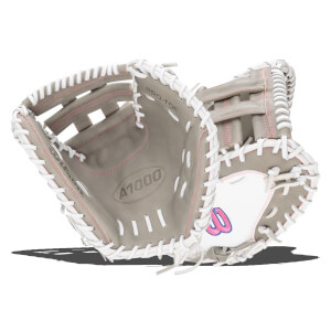 Top-down view of a gray baseball glove with white lacing and pink stitching, showing the "A1000" logo.
