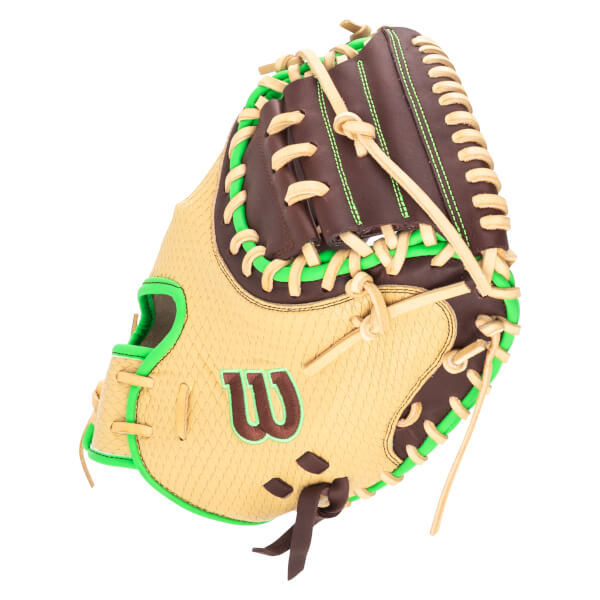 Front view of a tan baseball glove with brown and green accents, featuring the "W" logo.