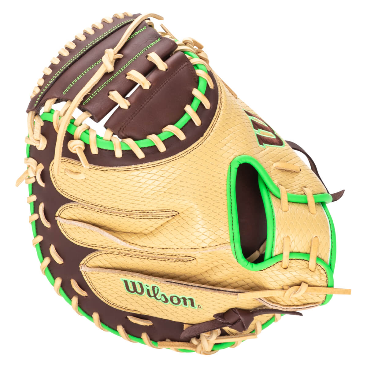 Side view of a tan baseball glove with brown leather and bright green lacing, featuring the "Wilson" logo.