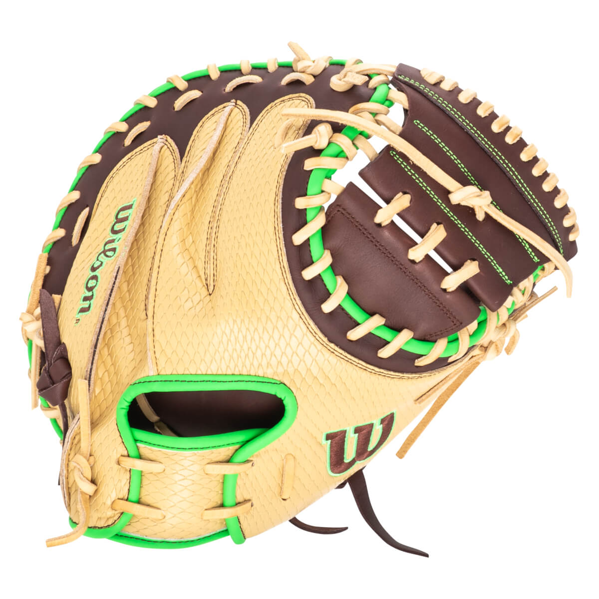 Side view of a tan baseball glove with green lacing and the "Wilson" logo.