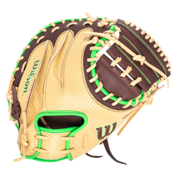 Side view of a tan baseball glove with green lacing and the "Wilson" logo.