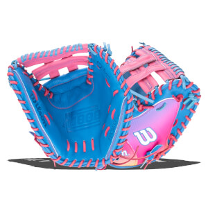 Interior view of a blue and pink baseball glove with "Wilson" and "1000" embossed on the palm.
