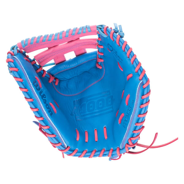 Top-down view of a blue baseball glove with pink and light blue lacing, showing the "A1000" logo.