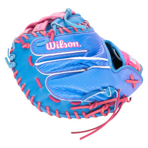 Front view of a blue and pink Wilson baseball glove with red lacing and white stitching.