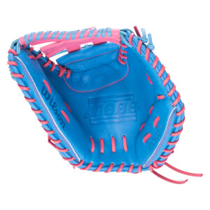 Top-down view of a blue baseball glove with pink and light blue lacing, showing "Wilson" and "A1000" branding.