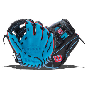 Front view of a blue and black Wilson A1000 baseball glove with red trim and blue stitching.
