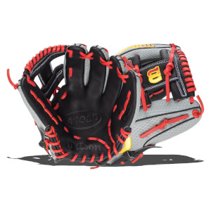 Interior view of a black and gray Wilson baseball glove with red lacing and a yellow "W" logo.