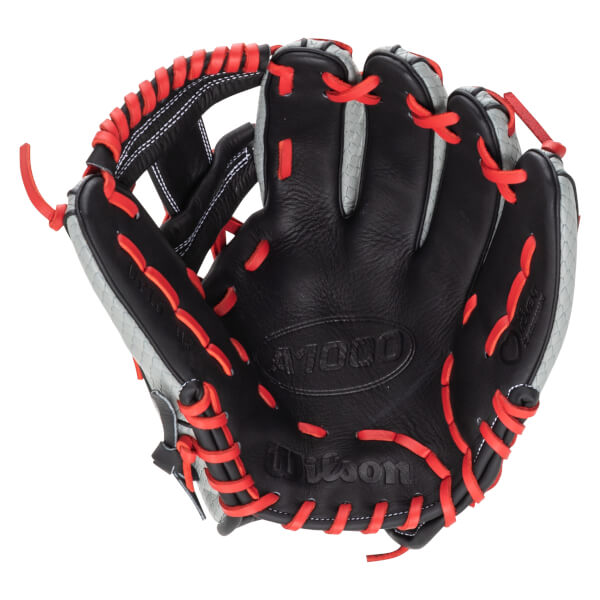 Top-down view of a black baseball glove with red lacing and a gray textured palm, showing the "Wilson" logo.