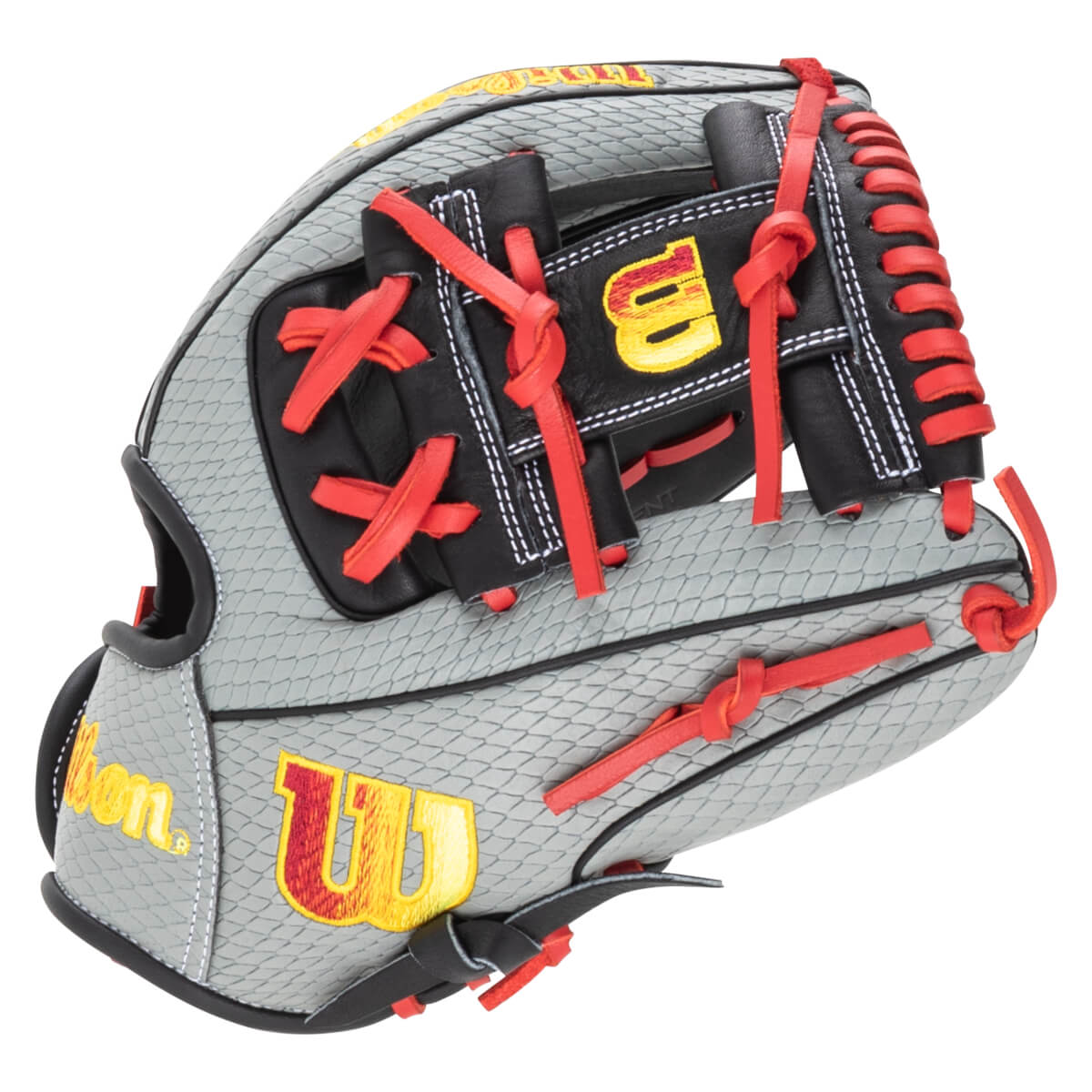 Front view of a grey baseball glove with red lacing and yellow "W" logo.