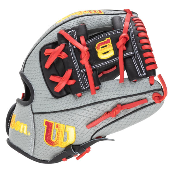 Front view of a grey baseball glove with red lacing and yellow "W" logo.