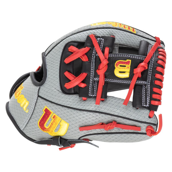 Side view of a gray baseball glove with red lacing and yellow "Wilson" branding.