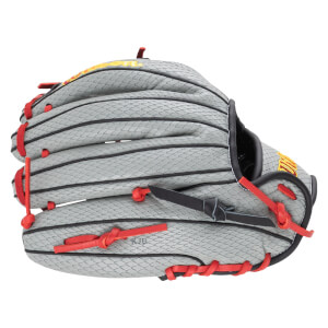 Side view of a gray baseball glove with red lacing and a yellow and red logo.