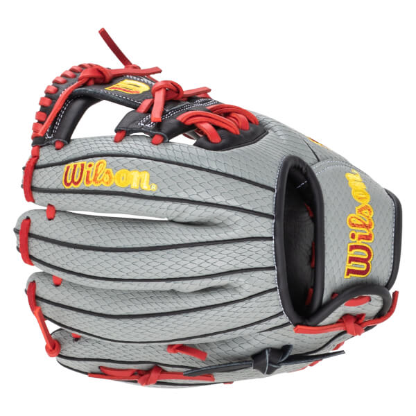 Side view of a grey baseball glove with red lacing and yellow "Wilson" lettering.