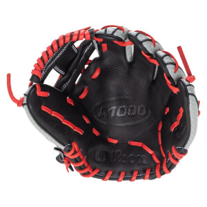 Top-down view of a black baseball glove with red lacing and "A1000" and "Wilson" logos.