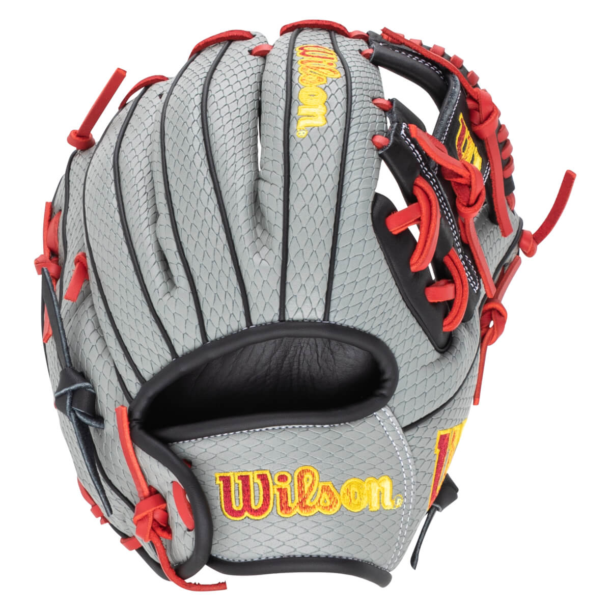 Front view of a grey baseball glove with red lacing and yellow "Wilson" embroidery.