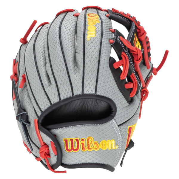 Front view of a grey baseball glove with red lacing and yellow "Wilson" embroidery.