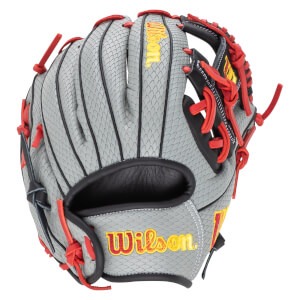 Front view of a grey baseball glove with red lacing and yellow "Wilson" embroidery.