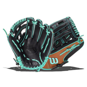 Front view of a black baseball glove with teal lacing and a brown palm featuring a teal "W" logo.
