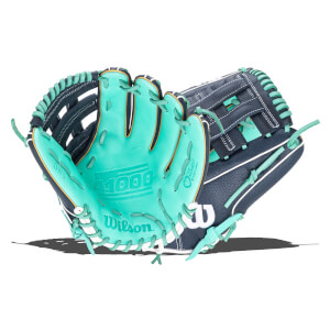 Open view of a navy baseball glove with teal laces and palm lining, featuring "A1000" and "Wilson" text.