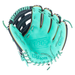 Top-down view of a teal baseball glove with "A1000" and "Wilson" logos.