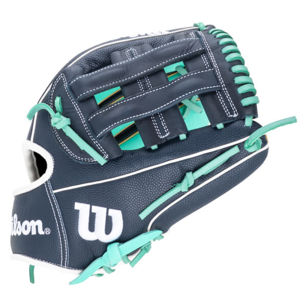 Front view of a navy baseball glove with white stitching, teal laces, and a white "Wilson" logo.