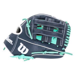 Side view of a navy Wilson baseball glove with white stitching and teal accents.
