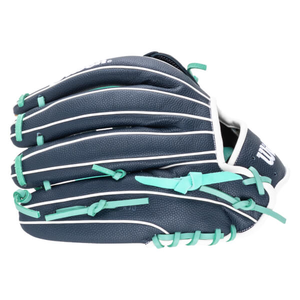 Side view of a navy baseball glove with white stitching and teal laces, featuring a white "W" logo.