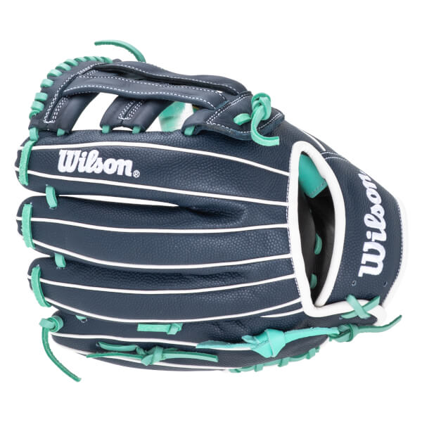 Front view of a navy baseball glove with white stitching, teal laces, and "Wilson" logo.