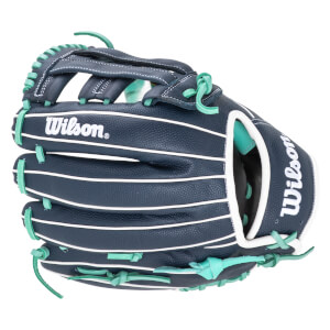 Front view of a navy baseball glove with white stitching, teal laces, and "Wilson" logo.