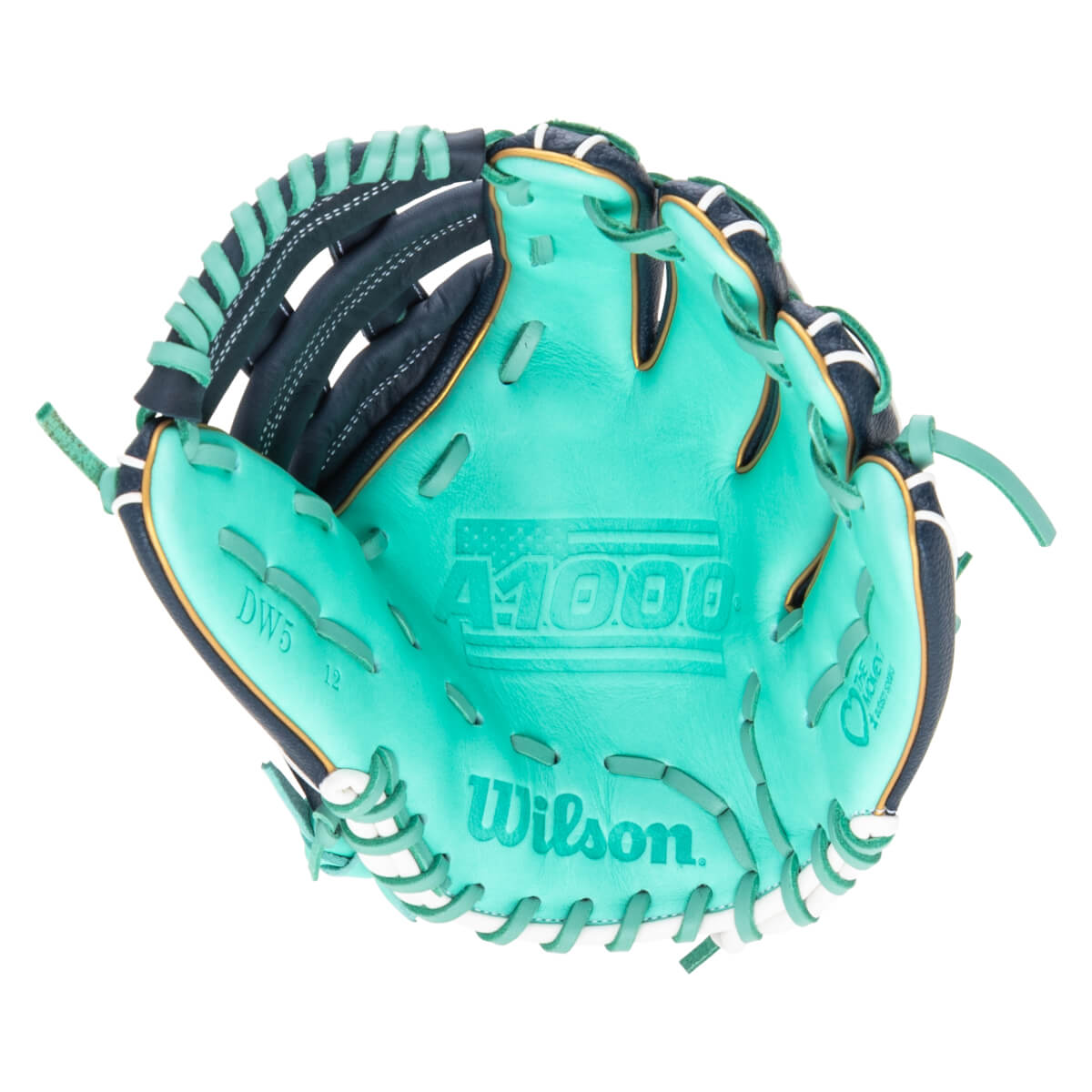 Top-down view of a teal Wilson A1000 baseball glove with "DW5 12" and "Wilson" visible.
