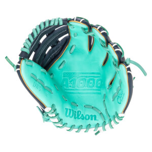 Top-down view of a teal Wilson A1000 baseball glove with "DW5 12" and "Wilson" visible.
